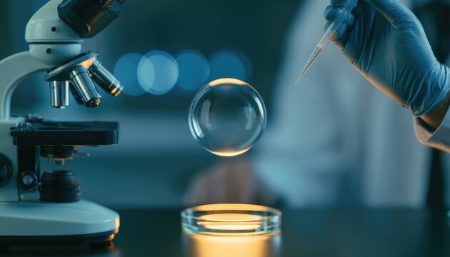 Microscopic Research - A Scientist Examines a Floating Bubble in a Laboratory Setting.