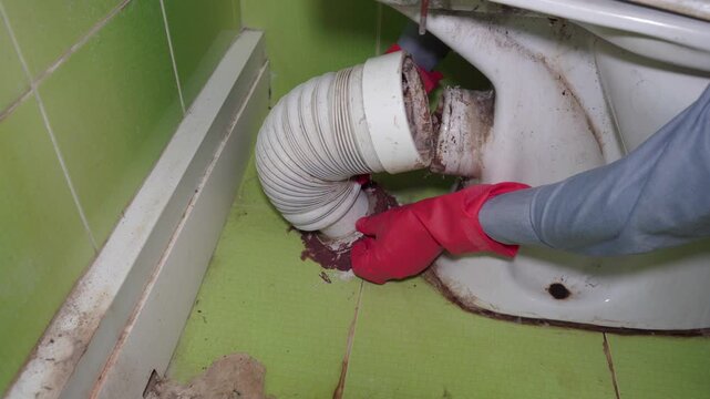 Toilet drain repair, Plumber in red rubber gloves dismantling old clogged toilet sewage pipe