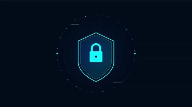 Digital security lock icon with glowing blue shield and fingerprint scan, seamless loop, symbolizing cybersecurity, data protection, and secure authentication for corporate branding, advertising