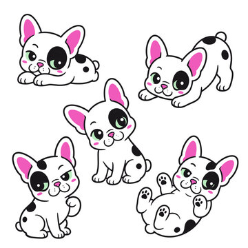 Cute French Bulldog Puppy Character Set in Five Playful Poses
