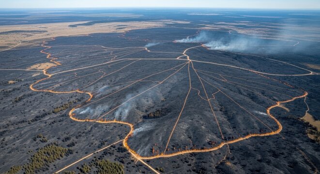 Vast aerial view of a large forest fire's impact area with smoke plumes rising over charred land and roads.