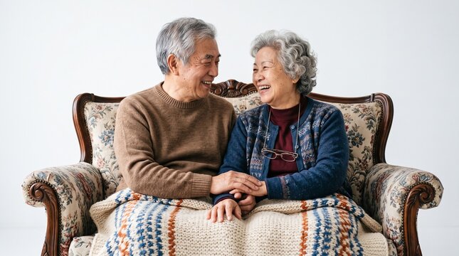 Happy senior couple sharing a warm moment while sitting on a vintage floral patterned sofa covered with a cozy blanket
