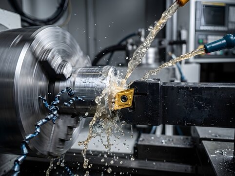 Industrial cnc lathe machine in operation with coolant spraying on metal workpiece