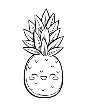 Adorable line art drawing of a smiling pine character with lush green leaves its head, designed with bold outlines for clarity and use in children's themes, food branding, or educational materials