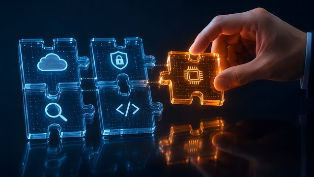 Hand connecting a glowing microchip puzzle piece to a digital network, software integration and cloud computing technology concept.