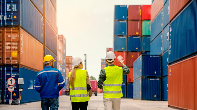 Logistics team working among shipping containers in port with logistics shipping containers industry