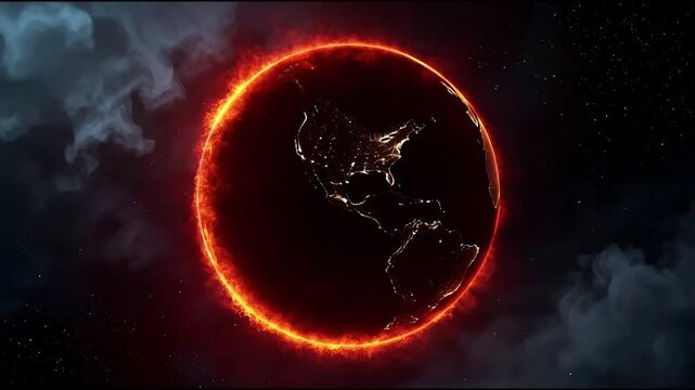 Dramatic Space View of Earth Engulfed in Flames and Magma Representing Global Ecological Disaster and Intense Heat Waves