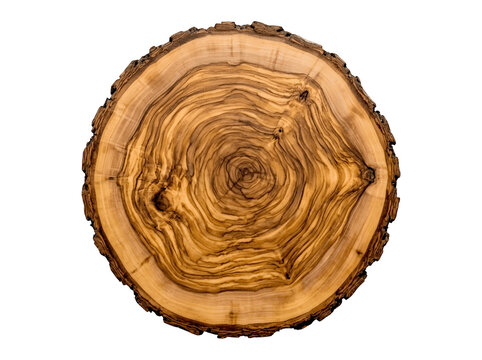 Cross section of an olive wood log with natural bark texture isolated on transparent background
