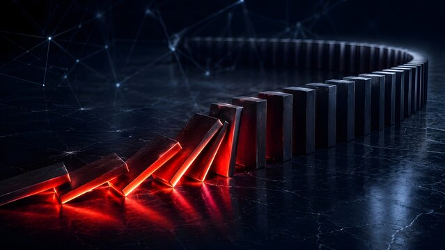 Glowing red domino effect in dark cyberspace network, chain reaction and business risk management concept, consecutive system failure or energy transfer.