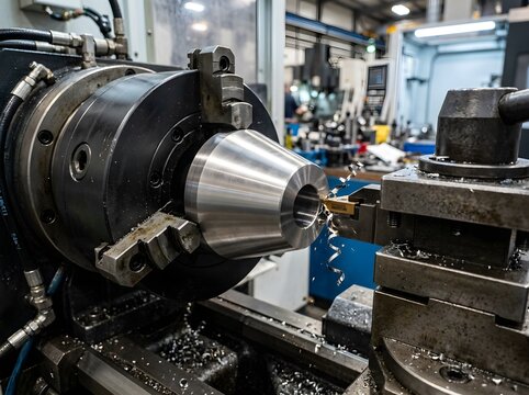 Cnc lathe machine cutting a metal cone part in a professional industrial workshop