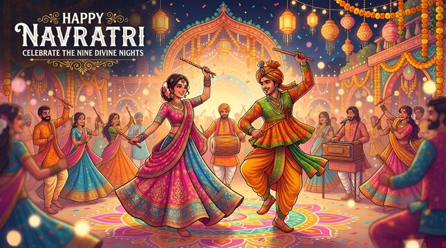 Happy navratri celebration with traditional garba dancers and music, navratri