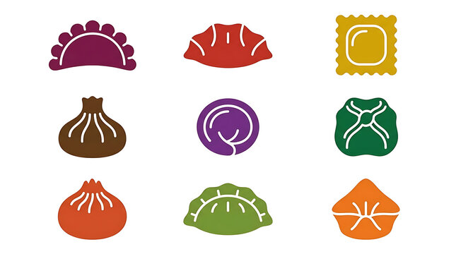 Asian Dumplings Dim Sum Gyoza and Ravioli Flat Vector Icon Set Isolated on White Background