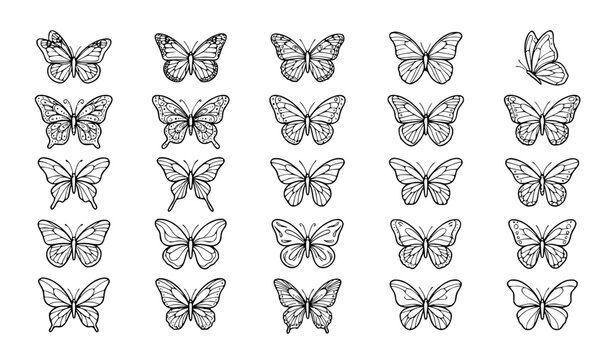 butterfly, butterflies, lineart, outline, minimal, vector, insect, wings, nature, decorative, floral, elegant, doodle, handdrawn, silhouette, contour, editable, isolated, collection, set, tattoo, stic