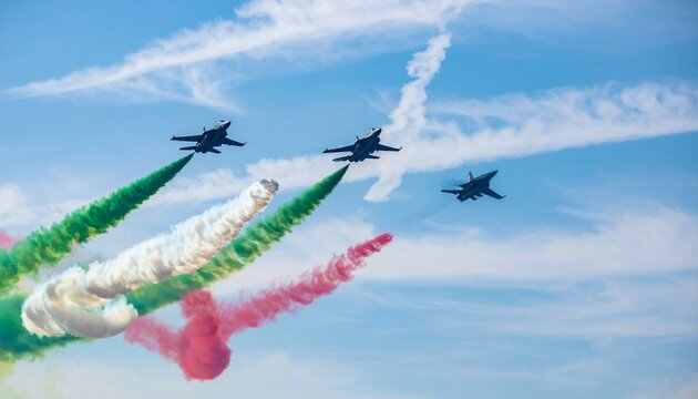 "Three jets flying in formation with green, white, and red smoke trails against a clear sky."