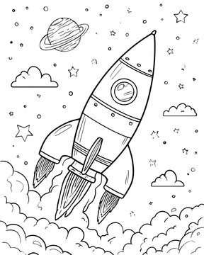 Whimsical bold outline drawing of a rocket blasting off into the cosmos, surrounded by planets, stars, and fluffy clouds, perfect for coloring practice and space-themed designs.