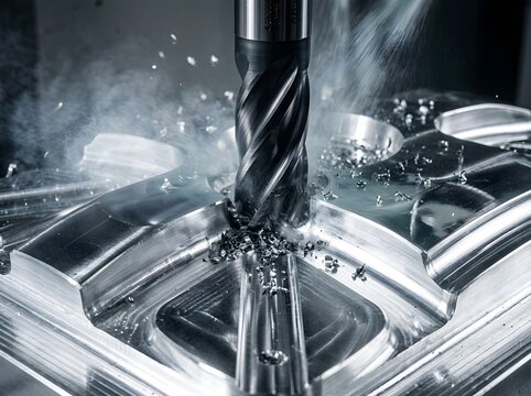 Industrial cnc milling machine cutting a metal workpiece with precision end mill tool