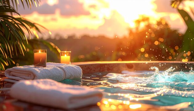 "Outdoor hot tub at sunset with candles and towels creating a tranquil atmosphere."