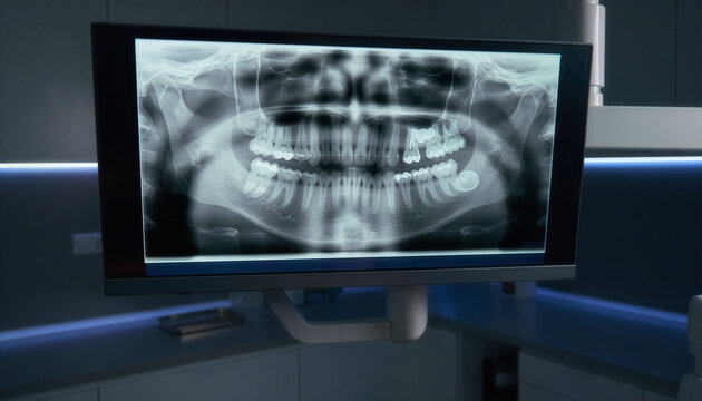 Modern computer monitor displaying a clear panoramic dental radiogram scan in a clinical laboratory setup, perfect for dentistry industry, oral hygiene, and jawbone structure concepts