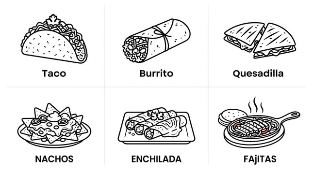 Mexican Food Line Art Icon Set and Vector Illustration