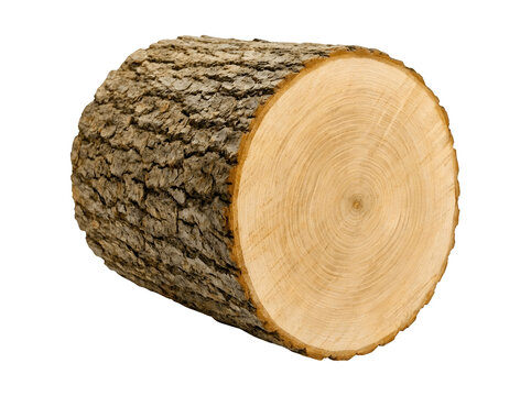 A crosssection of a freshly cut tree log showing growth rings and rough bark texture, isolated on transparent background
