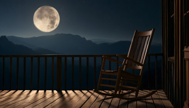 Empty wooden rocking chair on rural house porch at night. Large full moon shines in starry dark sky above mountain landscape. Silence atmosphere outdoors on rustic balcony with shadows. Peaceful