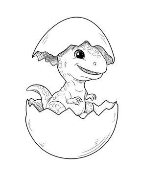 Adorable baby dinosaur hatching from a broken eggshell, depicted in a charming, bold, and clean line art style, suitable for coloring and illust n projects.