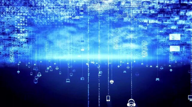 Connected Digital Devices Icons Floating in Blue Cyberspace and Data Cloud