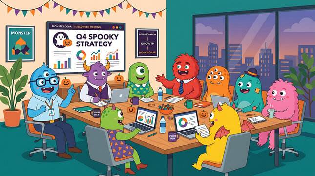 Cute cartoon monsters having office business meeting presenting halloween Q4 spooky strategy vector illustration