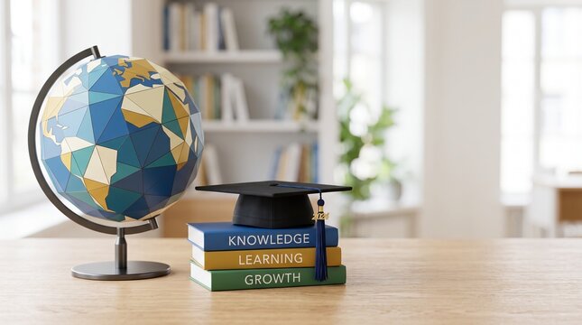 Geometric globe and graduation cap on books. Academic success and global education concept.