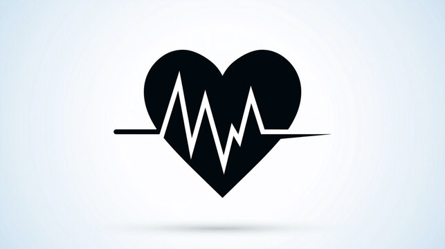 Flat icon illustration of black heart with pulse ekg line on bright white background, medical health concept, cardiology icon design, heart rate silhouette graphic, minimal vector