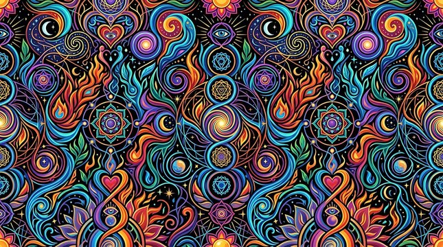 Vibrant psychedelic pattern with spiritual and celestial symbols