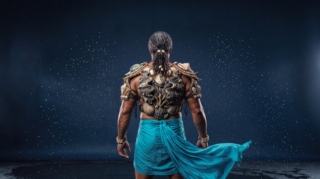 Pacific Islander male warrior wearing handmade seashell armor and blue sarong standing against dark background