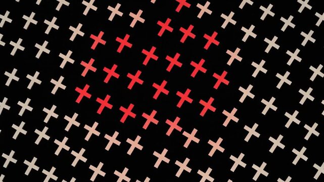Abstract animation of a grid of tiny white and red crosses forming a pixelated heart shape on a dark black background, ideal for motion graphics background.