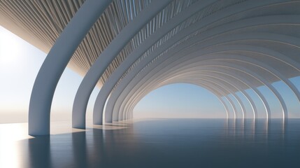 Fototapeta premium Modern Architectural Tunnel with Reflective Floor and Sky View.