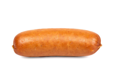 Single smoked sausage frankfurter isolated on transparent background for food marketing and grocery product photography with realistic skin texture and natural meat color for menu layout.