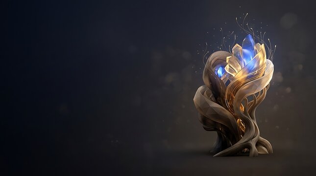 Luminous blue crystals emerging from a golden mystical root structure