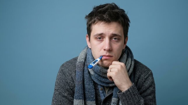 A young man with dark hair wears a gray sweater and a blue scarf. He holds a digital thermometer under his tongue and looks unwell.