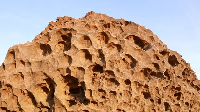 Eroded stone hard surface remains, sponge shape after years of erosion. Odd texture of mushroom rock cap, close up view. Famous geological Park, Yehliu Geopark weathered rock formations.