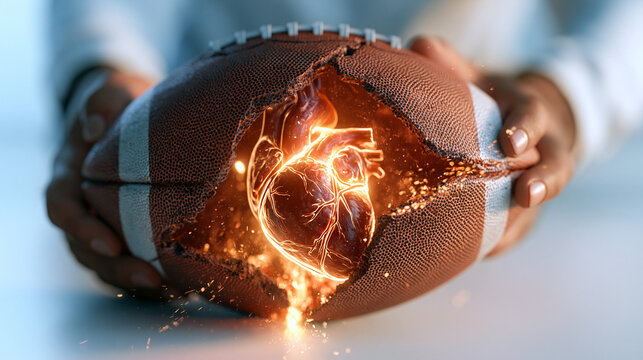 3D render of cracked football revealing glowing anatomical heart inside, bright clean studio background, sports cardiology concept, dynamic health visualization, athletic heart