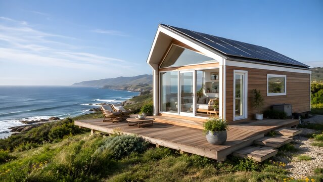 Coastal tiny house with solar panels