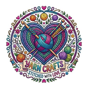 Colorful yarn crafts emblem with knitted heart and sewing tools