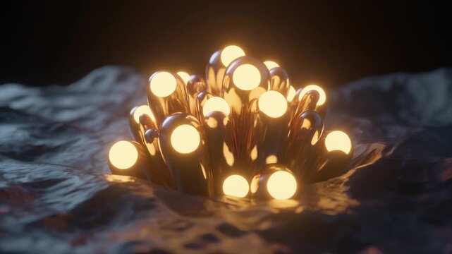3D render of a glowing metallic alien cluster with bright circular lights emerging from a dark textured terrain in a dark environment