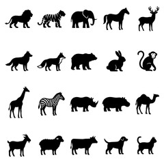 Obraz premium Collection of wild and domestic animal silhouettes, including lion, elephant, horse, deer, monkey, and cat on white background