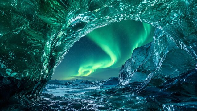 Stunning view of vibrant green northern lights visible through a natural ice cave in iceland