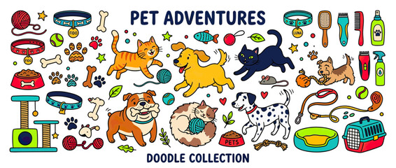 Naklejka premium Cute Pet Doodle Collection Isolated Transparent Background