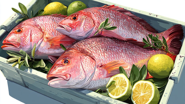 Fresh whole red snapper fish arranged in a wooden crate with lemon slices and green herbs