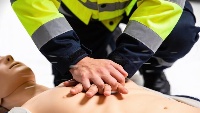 A first responder in uniform performs CPR chest compressions on a medical training mannequin dummy.