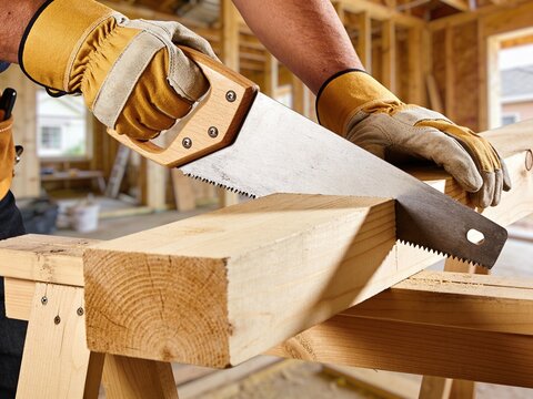A construction worker wearing protective gloves uses a hand saw to cut a thick wooden beam on a site.
