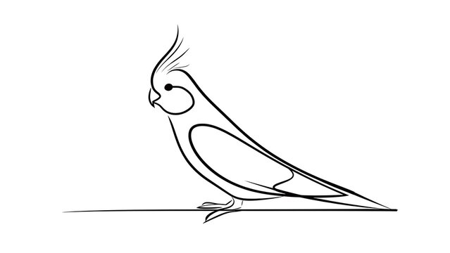 Minimalist cockatiel line art on white background.