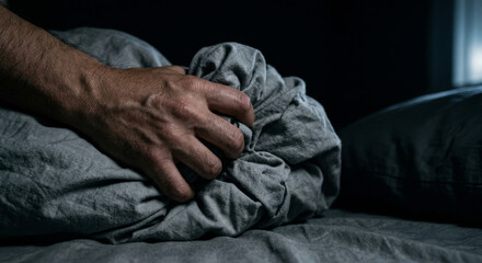 Fototapeta premium Hand gripping bed sheets tightly in dark room